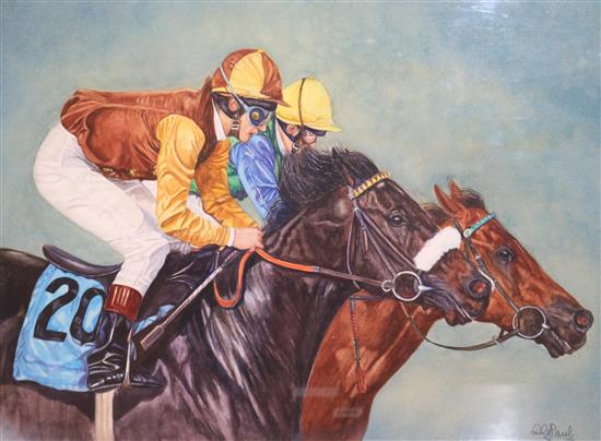 D.G. Poole (20th C.) Horse racing scene; Young Senor (Walter Swinburn) and Doctor Devious (Willy Carson), Tattersalls Stakes 1991 35 x